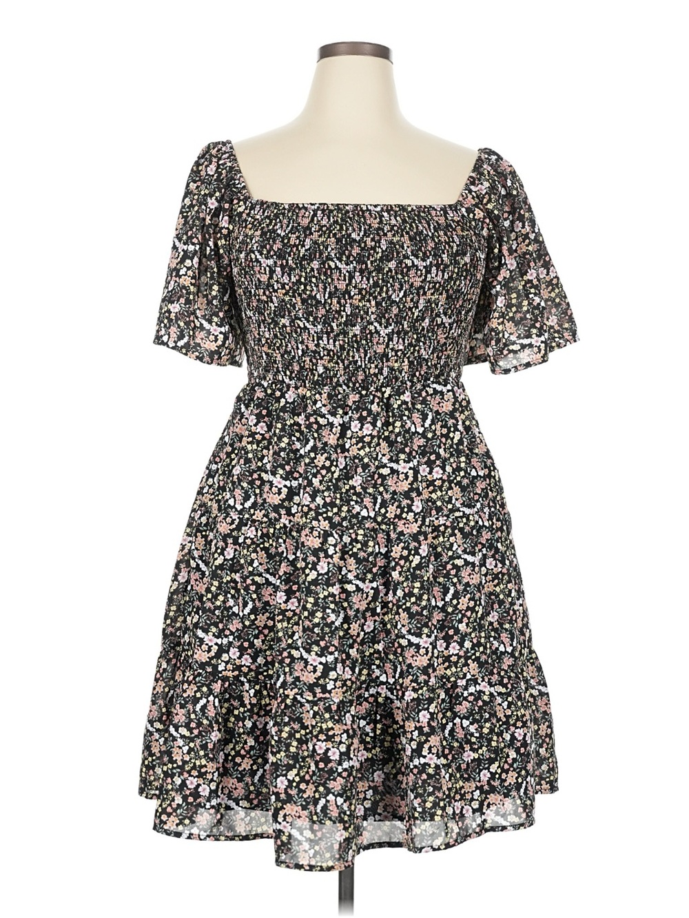 NWT Baltic Born XL Black Floral Smocked Mini Dress with Puff Sleeves